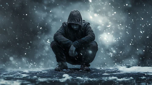 Hooded figure crouches in blizzard under cold blue light.