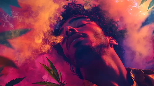 Man exhales neon smoke amid cannabis leaves and glow.