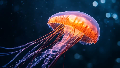 Translucent jellyfish drifts through dark blue ocean water