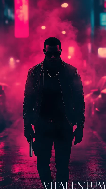 Silhouetted gunman in neon magenta fogged cyberpunk alley