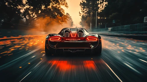 Midnight hypercar ignites a molten trail through rainfire streets.