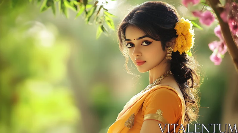 Elegant woman in traditional saree with flowers, soft natural light.
