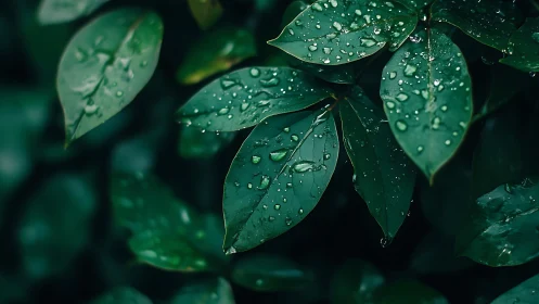 Glistening green leaves captured in moody macro focus.