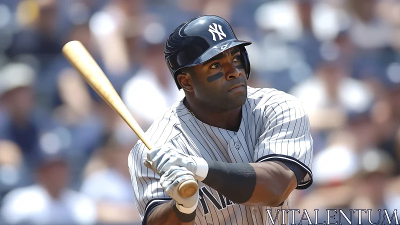 Baseball batter in striped uniform swinging wooden bat.