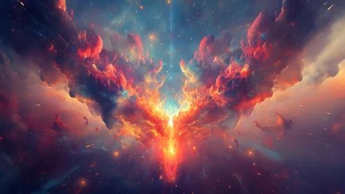 Symmetrical cosmic nebula burst with luminous core focus.