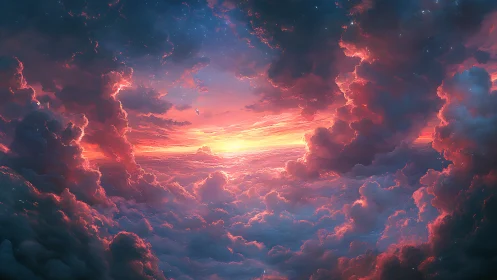 Vibrant sunset sky above dense glowing cloudscape.