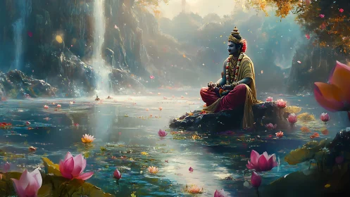 Serene robed figure meditating on lotus lake with waterfalls.