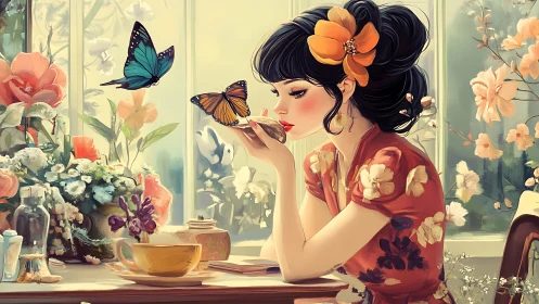 Tea-time daydream with butterflies in floral sunroom painting.