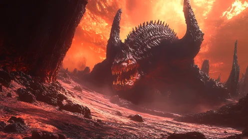 Colossal demon beast rises across molten infernal landscape