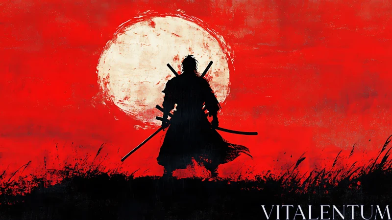 Silhouetted swordsman stands before a textured full moon
