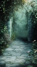 Overgrown stone pathway receding through misted garden archway