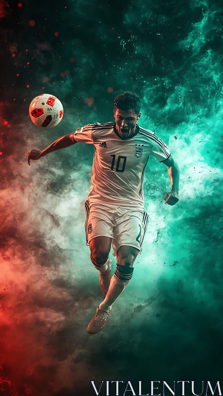 Dynamic footballer mid-air with bicolor atmospheric vapor field