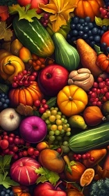 Vibrant autumn harvest still life with fruits and gourds.