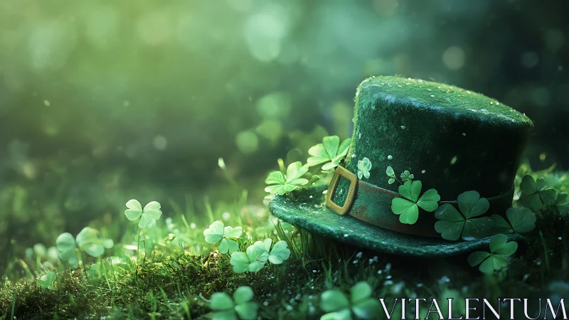 Digital painting of mossy leprechaun hat in clover glade.