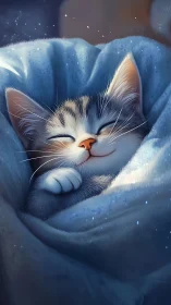 Blue-toned Feline Wrapped in Luminescent Textile. Digital Portrait.