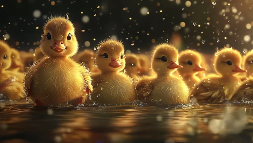 Duckling group in shallow water under warm backlight.