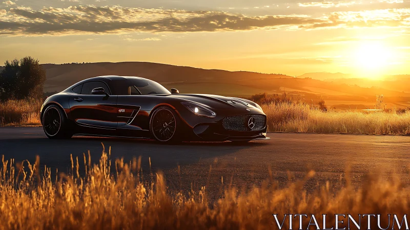 Black Mercedes sports car parked on rural road at sunset.