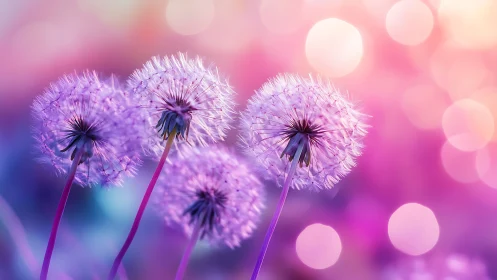 Purple Dandelions Blooming in Soft Bokeh Light.