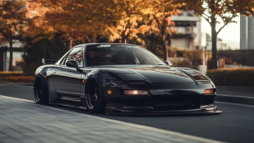 Photorealistic low-slung black sports car in autumn streetscape.