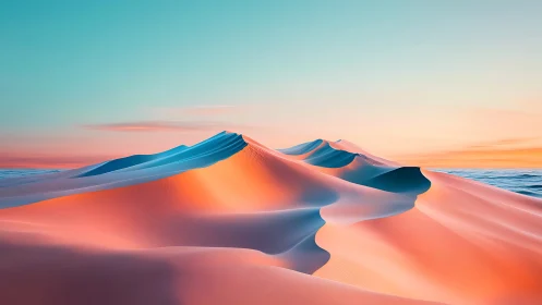 Sunlit desert dunes glow softly under a serene pastel sky