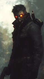 Post-apocalyptic gunman stands in glowing haze with visor lit