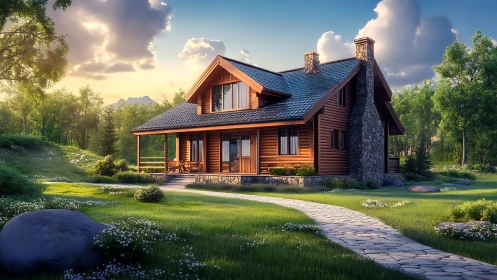 Sunny log cabin in green forest meadow at golden hour.