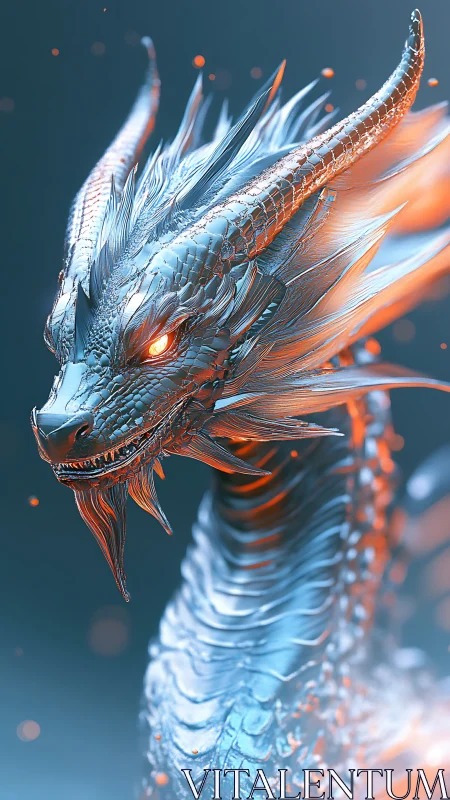 Chrome Ember Dragon coiled in frostlit cosmic embers.