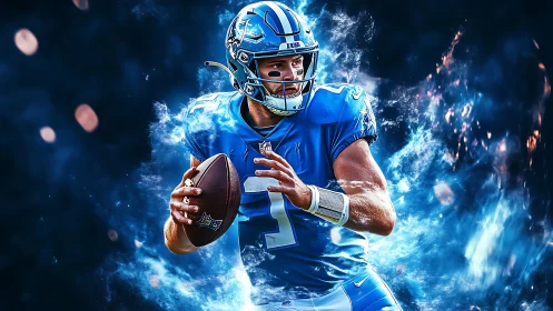 Quarterback in blue surges through fiery electric energy field.