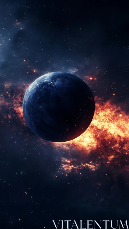Lonely blue planet drifting beside a fiery cosmic dawn.