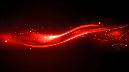 Abstract glowing red light wave with sparkles on dark background.