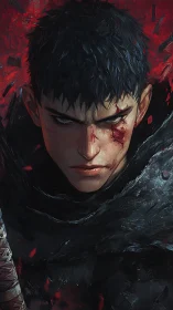 Fierce warrior’s gaze cuts through crimson storm of battle