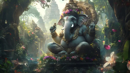 Divine Ganesha statue glows in a lush mystical jungle temple