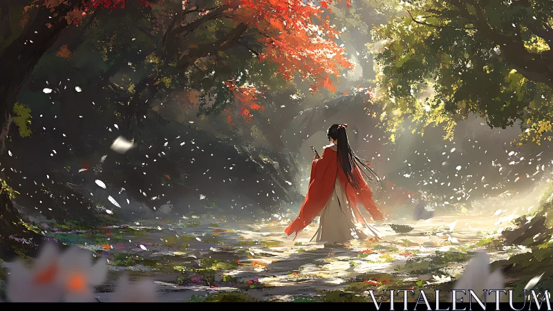 Figure in red robe standing in sunlit forest clearing.