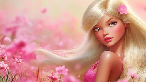 Blonde stylized female portrait amid dense pink flowers field.