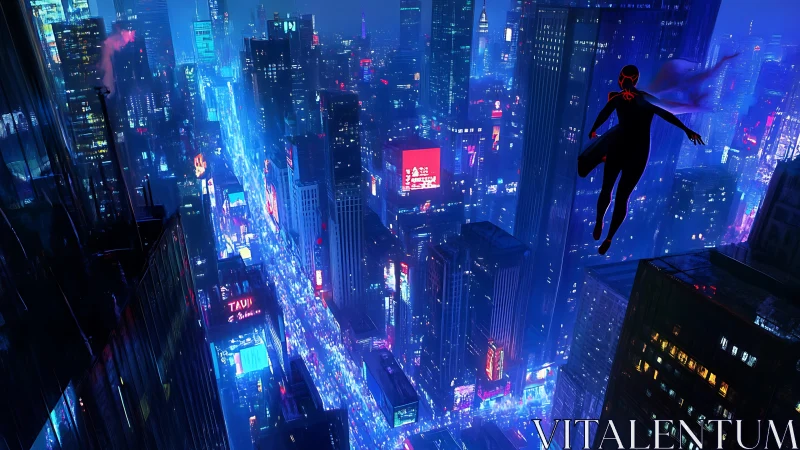 Neon-cloaked hero drifting above electrified midnight city.