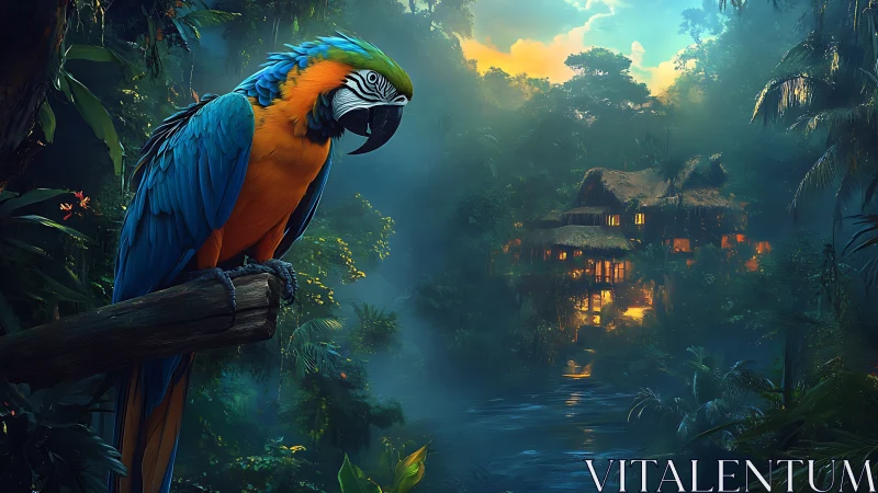Digital rainforest macaw study with luminous jungle lodge.