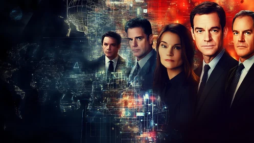 Corporate strategists surface from a glowing data storm