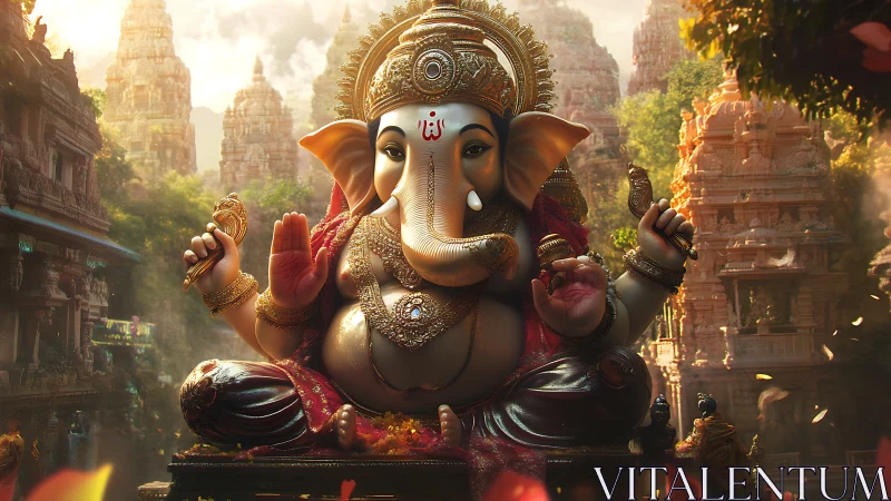 Majestic Ganesha idol rendered in ornate temple environment