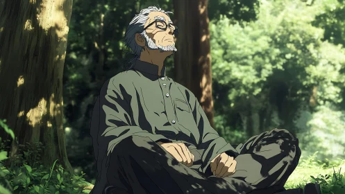 Elderly man meditates in dappled forest sunlight, serene