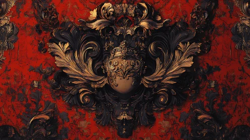 Baroque crest emerges from ornate black and gold foliage.