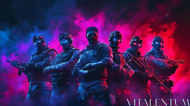 Tactical squad stands in neon red and blue vapor