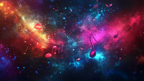Glowing music notes stream through vibrant cosmic nebula