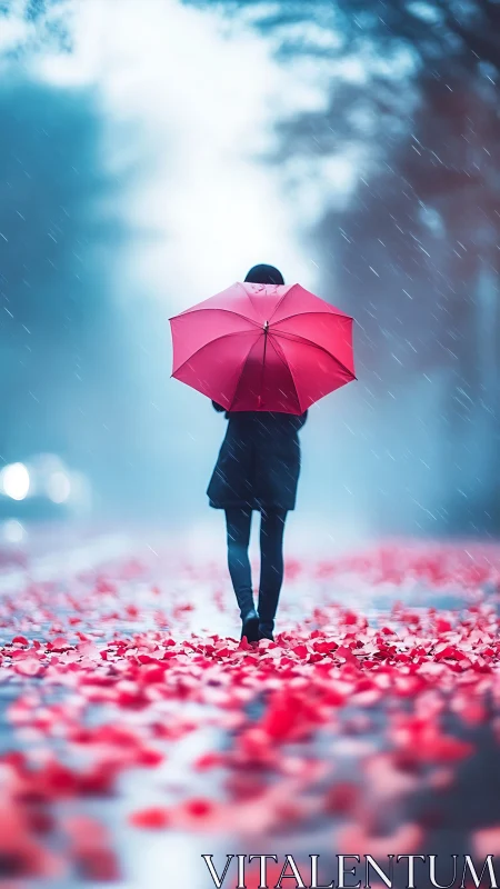 Person with red umbrella walking on wet petal covered road.