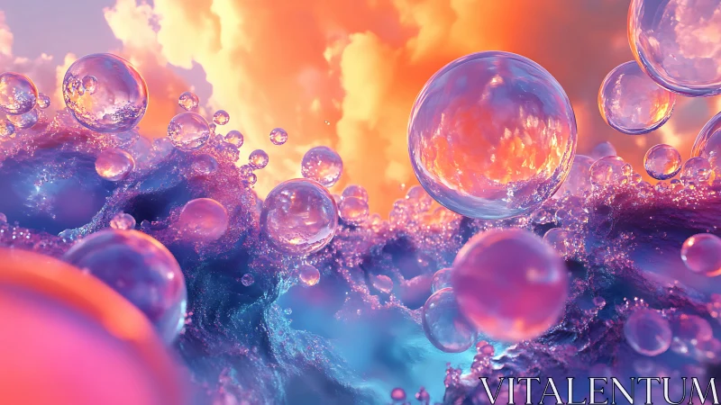 Prismatic glass orbs drift above neon foaming waves.