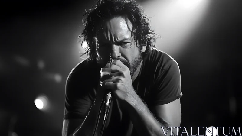 Midnight spotlight grips a roaring singer in raw focus