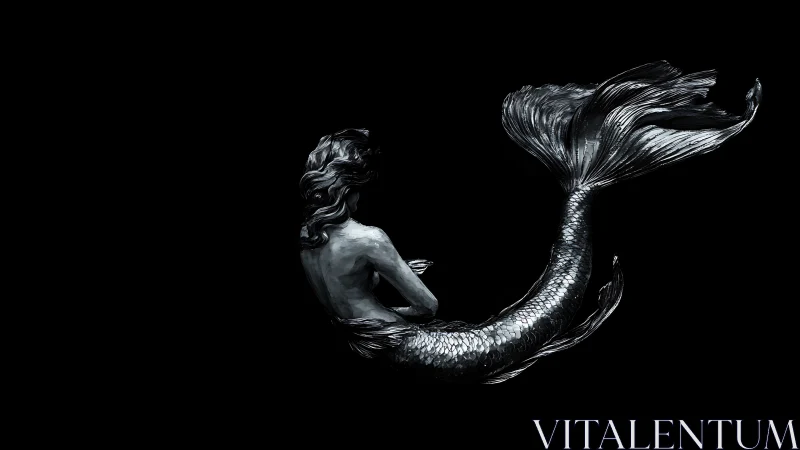 Monochrome mermaid figure rendered against uniform black