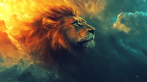 Majestic cosmic lion gazes calmly across glowing skies