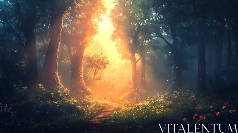 Golden Hour Radiance Through Ancient Forest Canopy