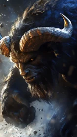 Horned beast charges through ember-lit icy storm.