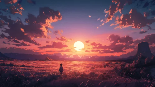 Sunset field wanderer under cotton candy skies.